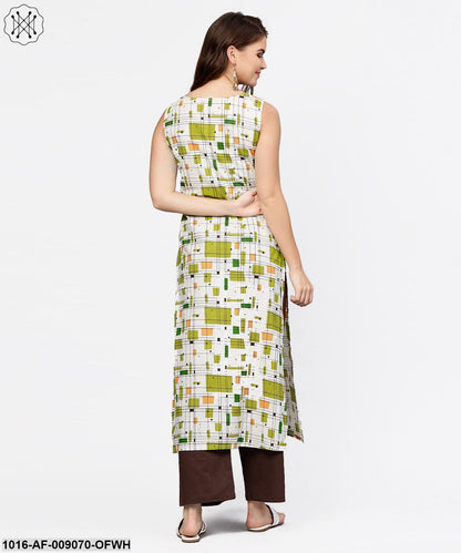 Off White & Green Printed Sleeveless Cotton Kurta With Coffee Ankle Length Palazzo