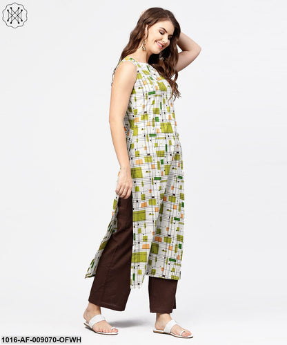 Off White & Green Printed Sleeveless Cotton Kurta With Coffee Ankle Length Palazzo