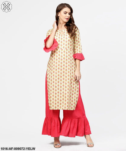 Yellow & Red Printed 3/4Th Sleeve Cotton Kurta With Sharara