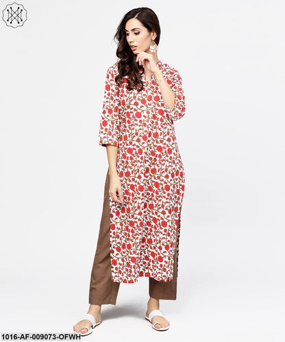 Off White Printed 3/4Th Sleeve Cotton Kurta With Brown Ankle Length Pant