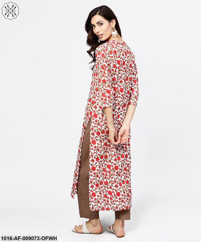 Off White Printed 3/4Th Sleeve Cotton Kurta With Brown Ankle Length Pant