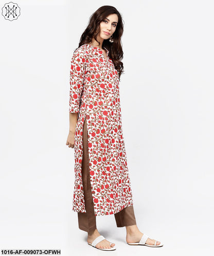 Off White Printed 3/4Th Sleeve Cotton Kurta With Brown Ankle Length Pant