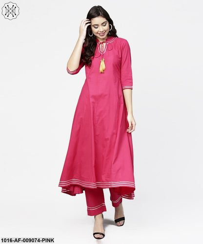 Pink 3/4Th Sleeve Cotton A-Line Kurta With Pink Palazzo