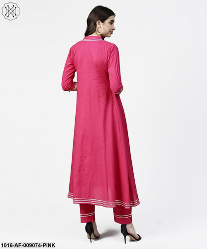 Pink 3/4Th Sleeve Cotton A-Line Kurta With Pink Palazzo