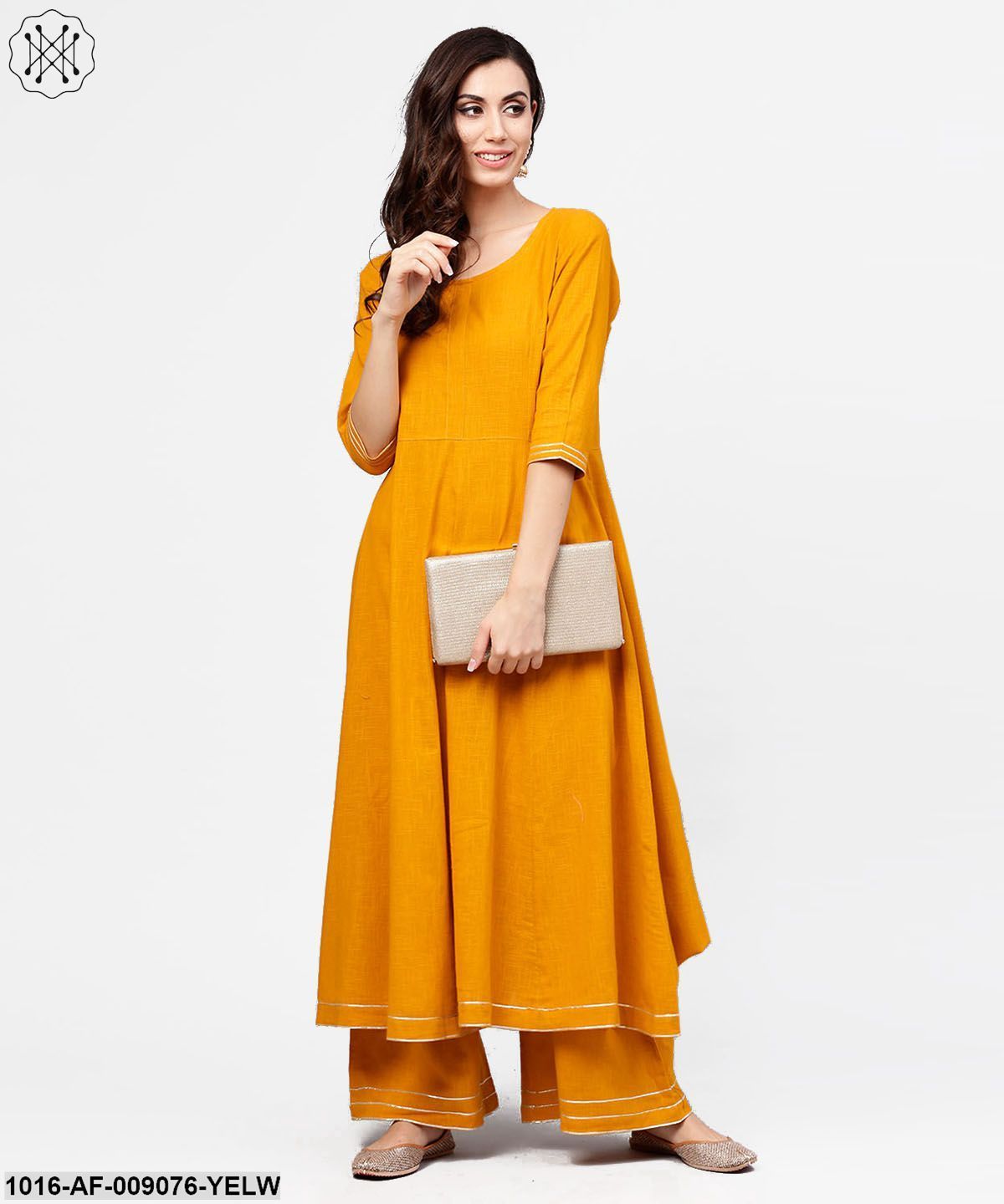 Yellow 3/4Th Sleeve Cotton Anarkali Kurta With Ankle Length Flared Pallazo With Gotta Work