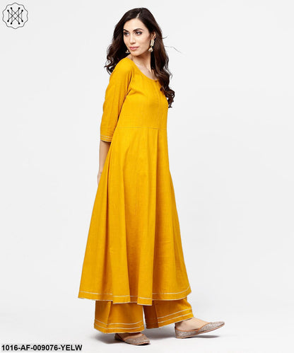Yellow 3/4Th Sleeve Cotton Anarkali Kurta With Ankle Length Flared Pallazo With Gotta Work