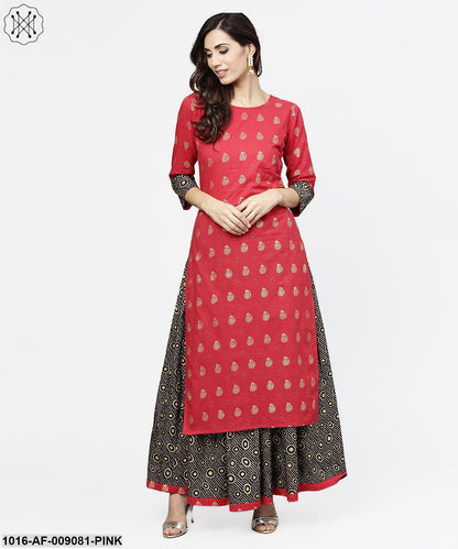 Pink Printed 3/4Th Sleeve Cotton Kurta With Black Printed Skirt