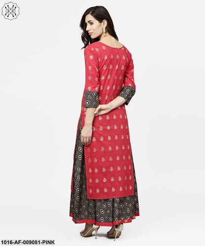 Pink Printed 3/4Th Sleeve Cotton Kurta With Black Printed Skirt
