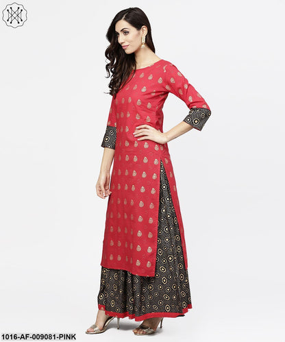 Pink Printed 3/4Th Sleeve Cotton Kurta With Black Printed Skirt