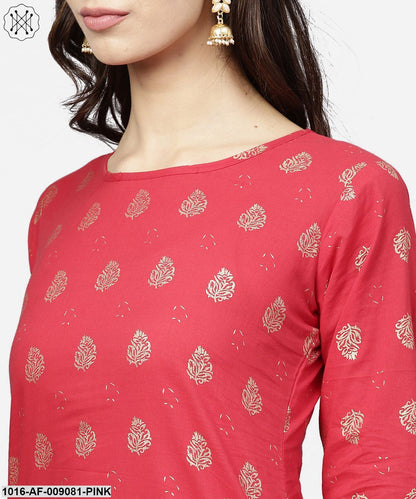 Pink Printed 3/4Th Sleeve Cotton Kurta With Black Printed Skirt
