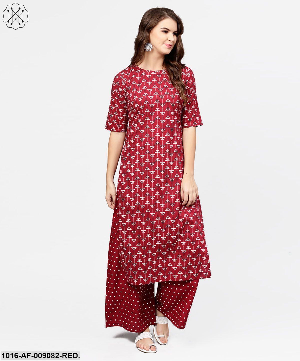 Red Printed Half Sleeve Cotton Kurta With Printed Ankle Length Pallazo