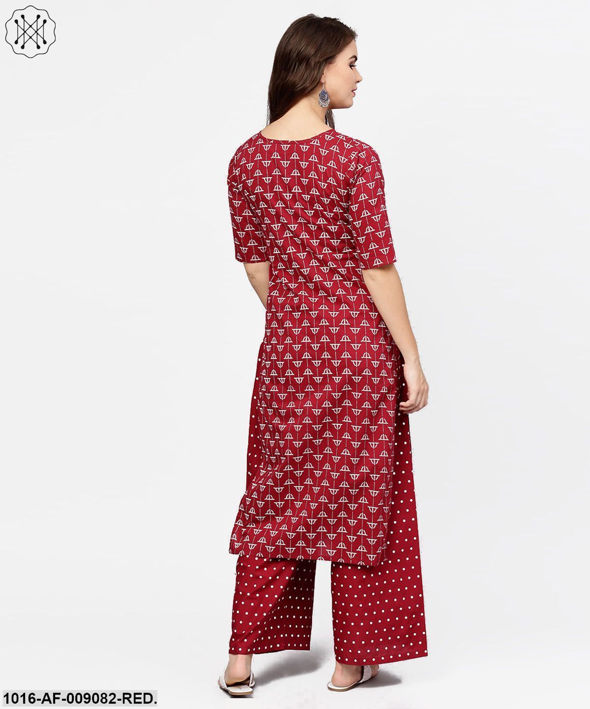 Red Printed Half Sleeve Cotton Kurta With Printed Ankle Length Pallazo