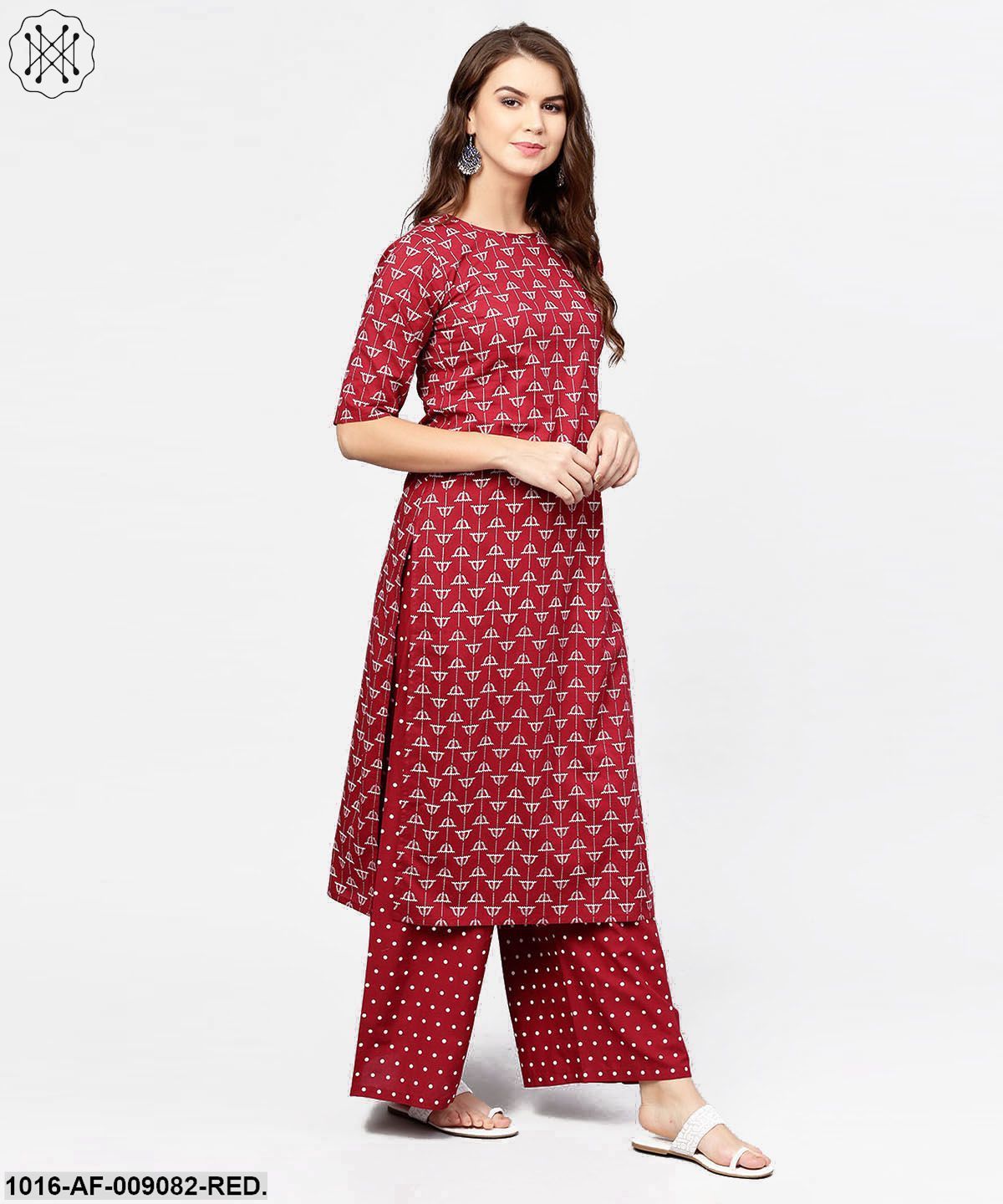 Red Printed Half Sleeve Cotton Kurta With Printed Ankle Length Pallazo