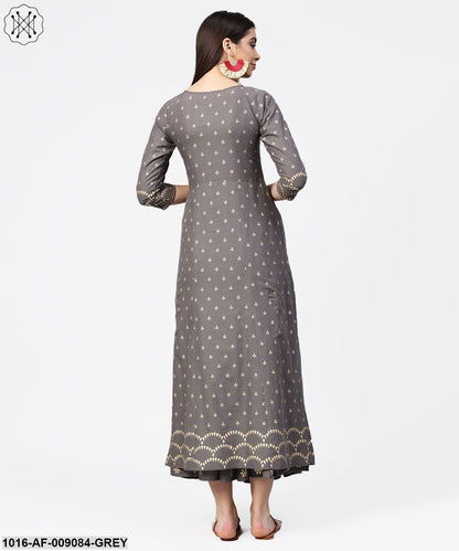 Grey Printed Half Sleeve Cotton Ankle Length Kurta With Flared Ankle Length Skirt