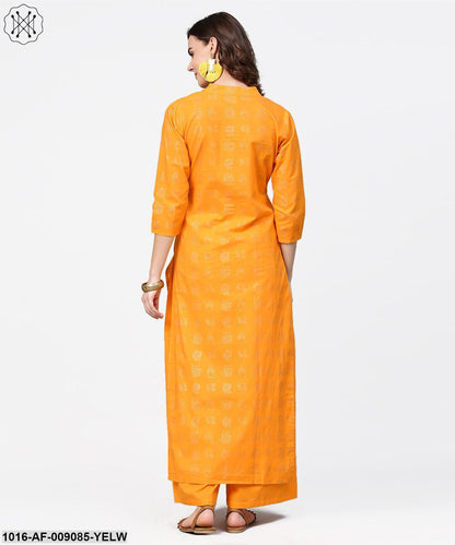 Yellow 3/4Th Sleeve Printed Straight Kurta With Flared Ankle Length Pallazo
