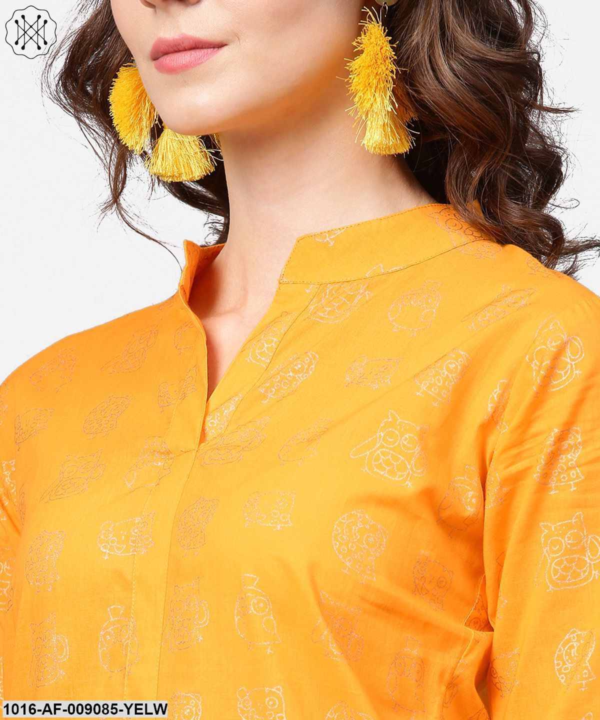 Yellow 3/4Th Sleeve Printed Straight Kurta With Flared Ankle Length Pallazo