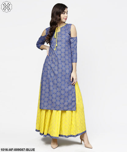 Blue Printed 3/4Th Cold Shoulder Sleeve Kurta With Yellow Flared Skirt