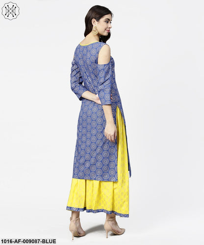 Blue Printed 3/4Th Cold Shoulder Sleeve Kurta With Yellow Flared Skirt