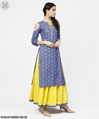 Blue Printed 3/4Th Cold Shoulder Sleeve Kurta With Yellow Flared Skirt