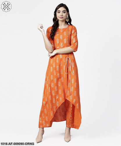 Orange Printed 3/4Th Sleeve Assymetric Kurta With Ankle Length Pant