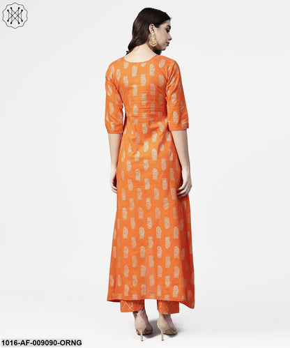 Orange Printed 3/4Th Sleeve Assymetric Kurta With Ankle Length Pant
