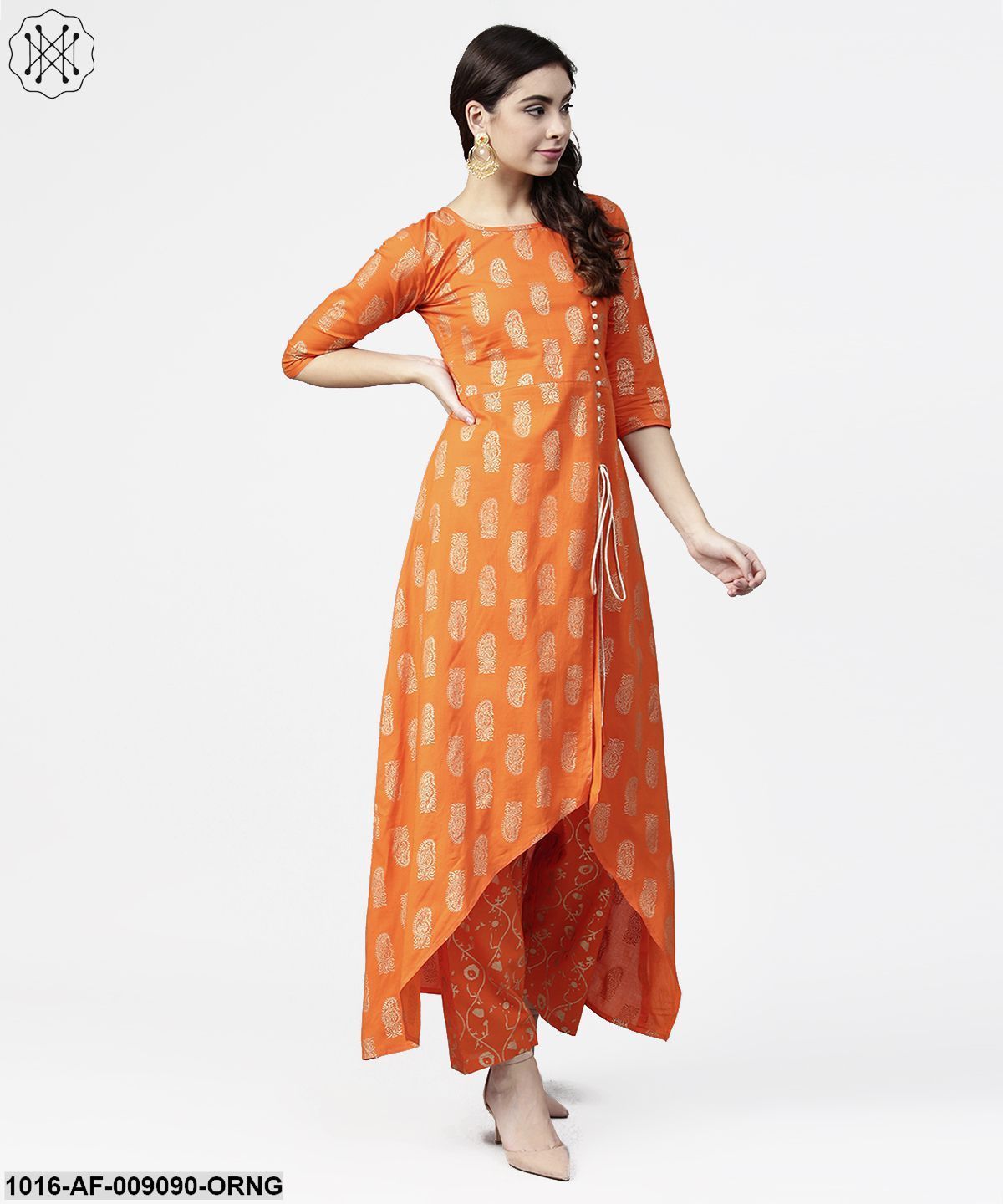Orange Printed 3/4Th Sleeve Assymetric Kurta With Ankle Length Pant