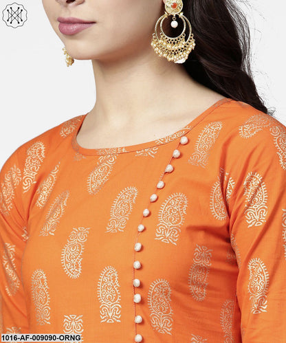 Orange Printed 3/4Th Sleeve Assymetric Kurta With Ankle Length Pant