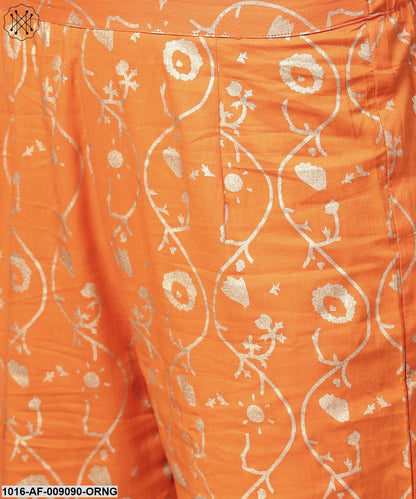 Orange Printed 3/4Th Sleeve Assymetric Kurta With Ankle Length Pant
