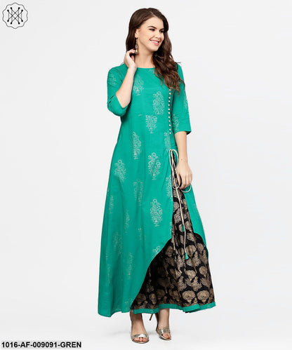 Green 3/4Th Sleeve Cotton Assymetric Kurta With Black Printed Skirt