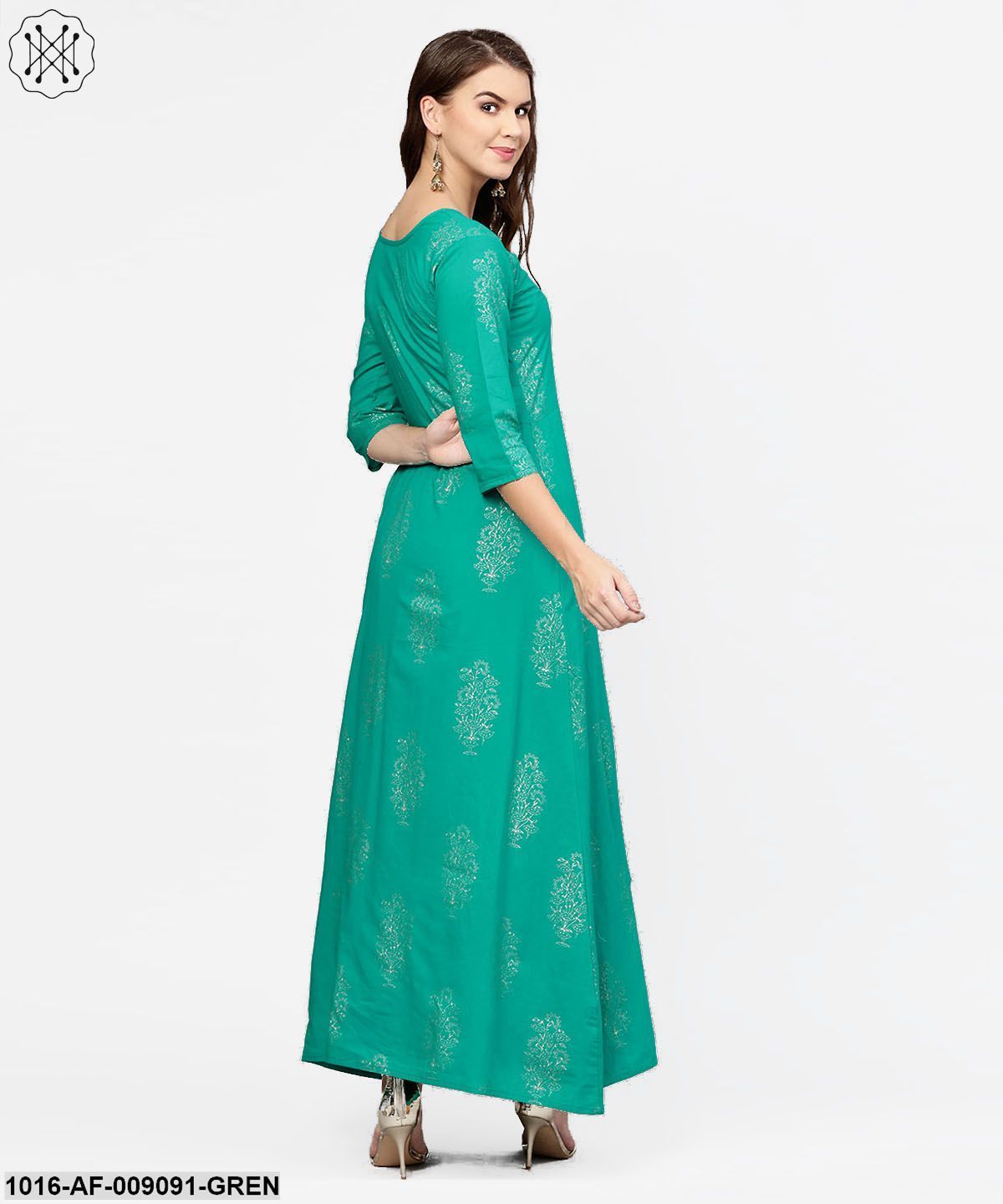 Green 3/4Th Sleeve Cotton Assymetric Kurta With Black Printed Skirt