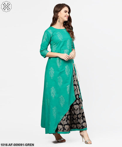 Green 3/4Th Sleeve Cotton Assymetric Kurta With Black Printed Skirt
