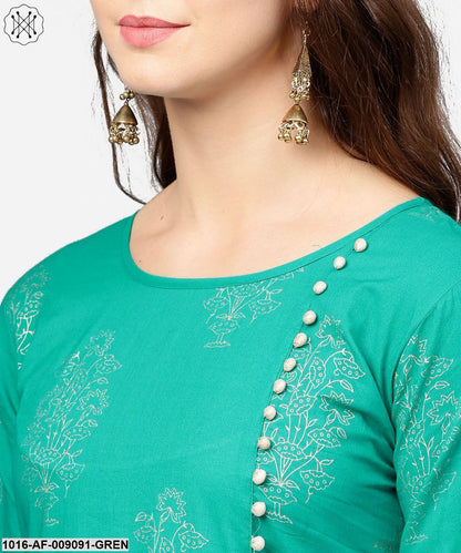 Green 3/4Th Sleeve Cotton Assymetric Kurta With Black Printed Skirt