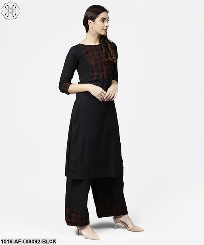 Black 3/4Th Sleeve Yoke Printed Kurta With Ankle Length Pallazo
