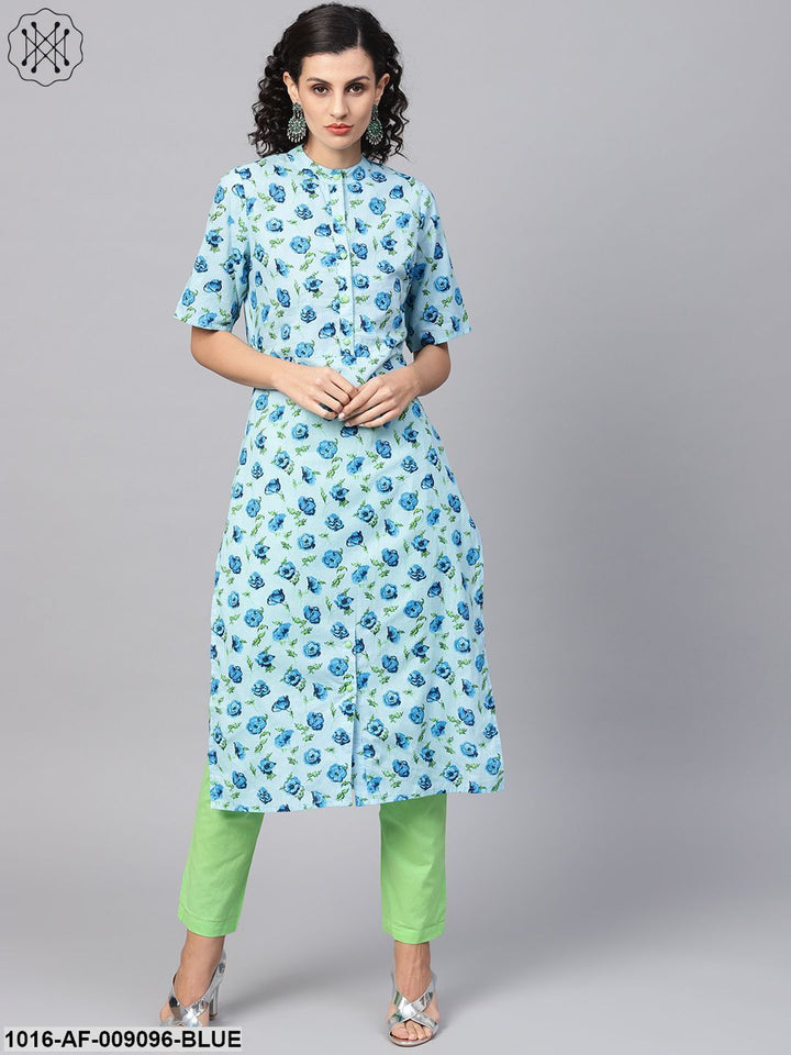 Cotton Light Blue Floral Printed Kurta Set With Solid Light Green Pants