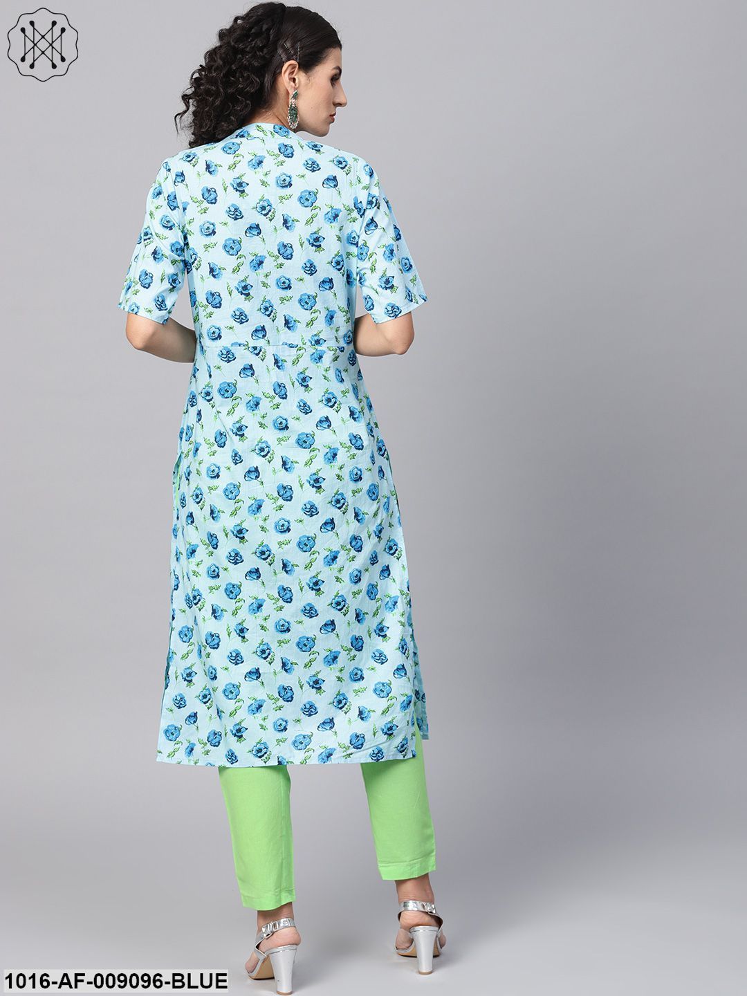 Cotton Light Blue Floral Printed Kurta Set With Solid Light Green Pants