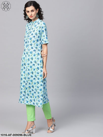 Cotton Light Blue Floral Printed Kurta Set With Solid Light Green Pants