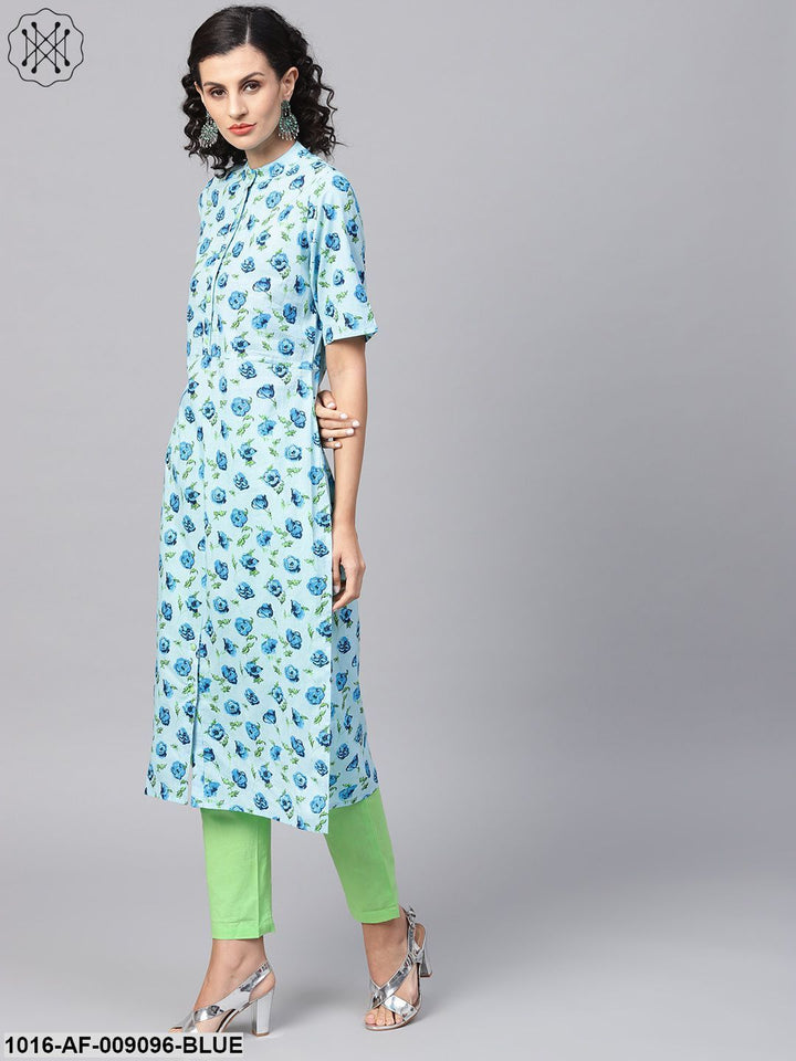 Cotton Light Blue Floral Printed Kurta Set With Solid Light Green Pants