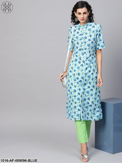 Cotton Light Blue Floral Printed Kurta Set With Solid Light Green Pants