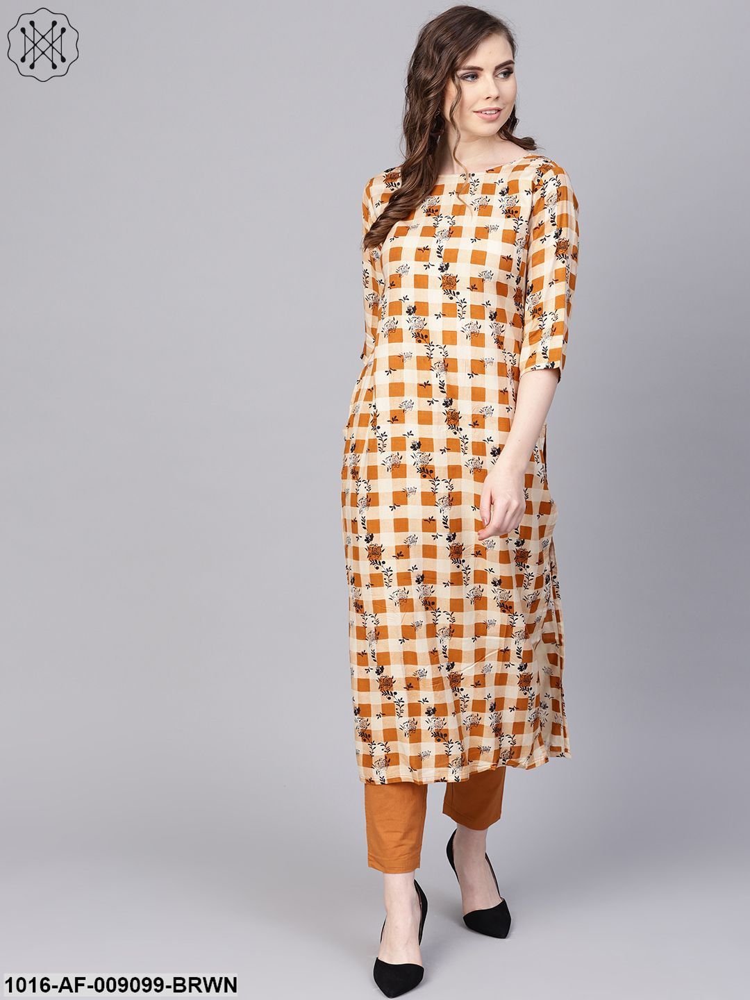 CamelBrown Checked With Florals Kurta Set With Solid Palazzo