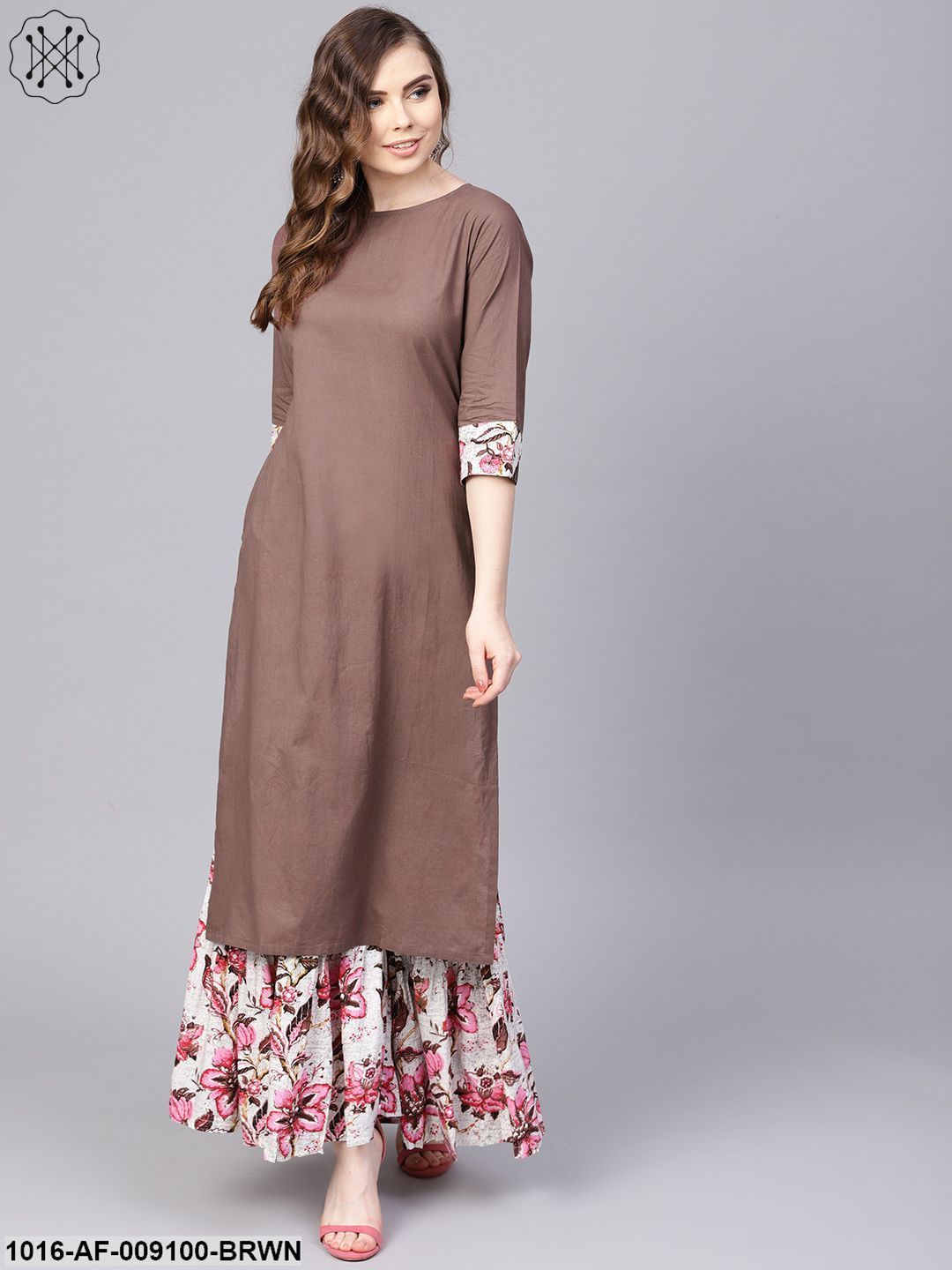 Solid Coffee Brown 3/4Th Sleeve Cotton Kurta With Printed Floral Sharara