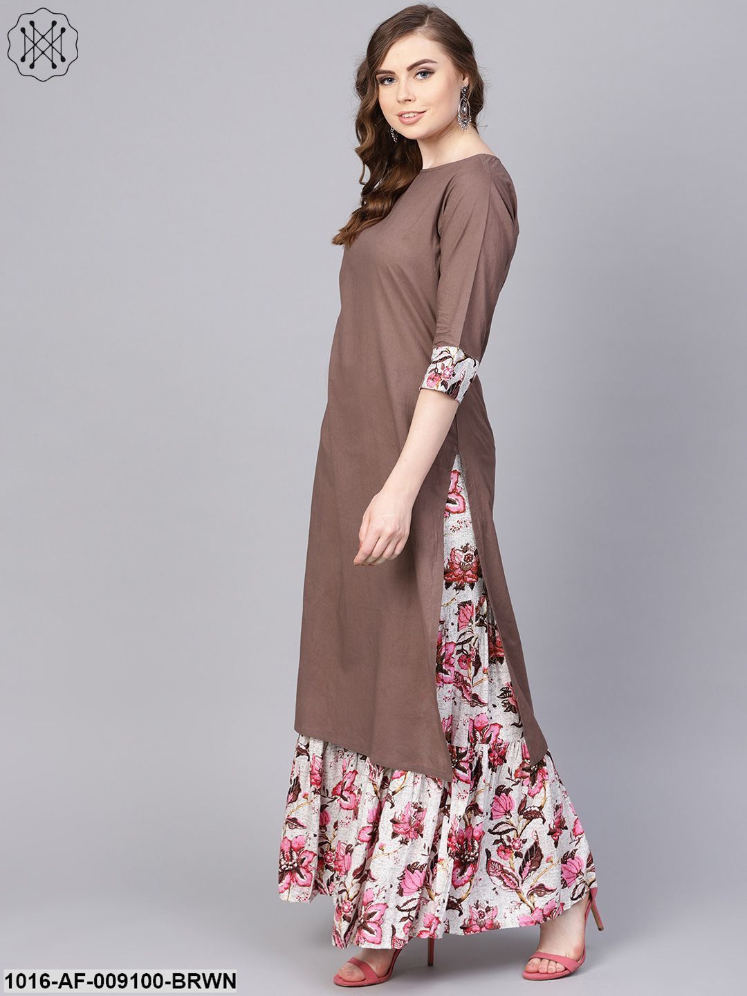 Solid Coffee Brown 3/4Th Sleeve Cotton Kurta With Printed Floral Sharara