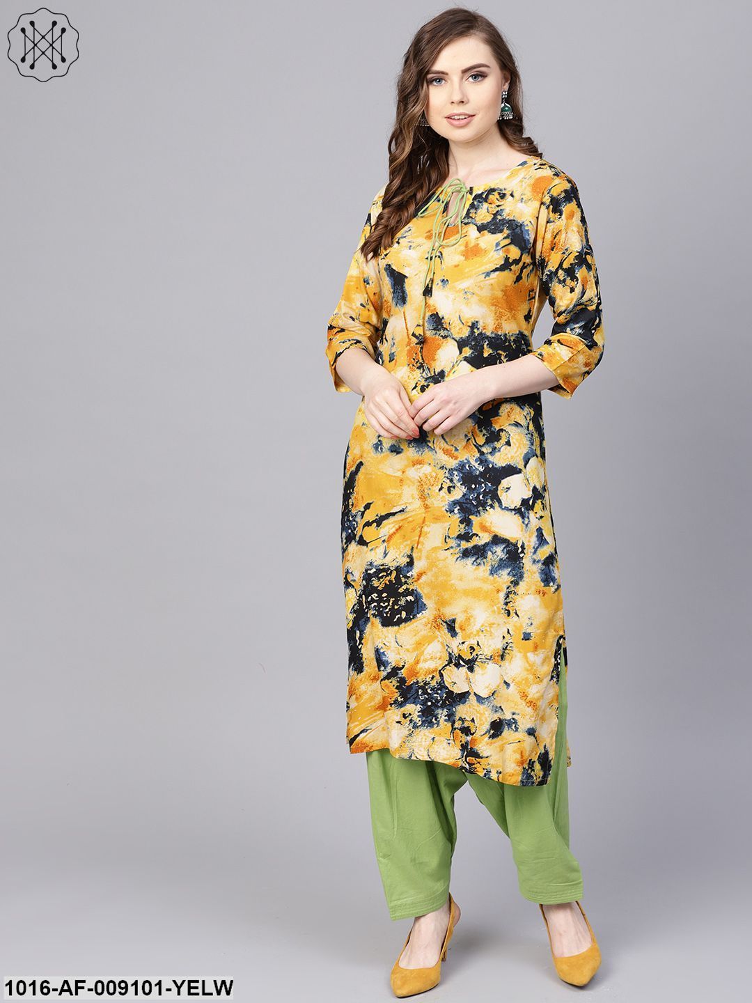 Yellow Marbal Printed Kurta Set With Solid Green Salwar