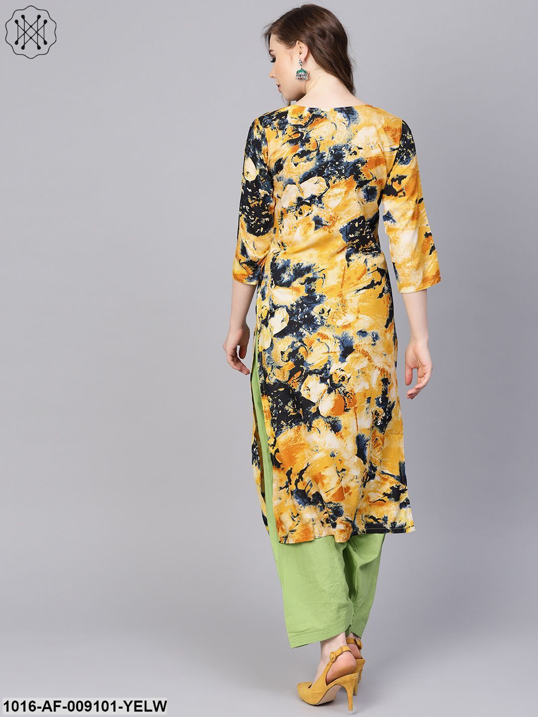 Yellow Marbal Printed Kurta Set With Solid Green Salwar