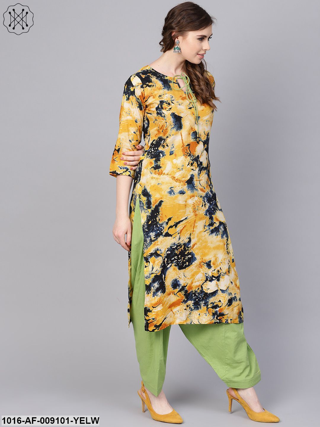 Yellow Marbal Printed Kurta Set With Solid Green Salwar