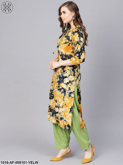 Yellow Marbal Printed Kurta Set With Solid Green Salwar