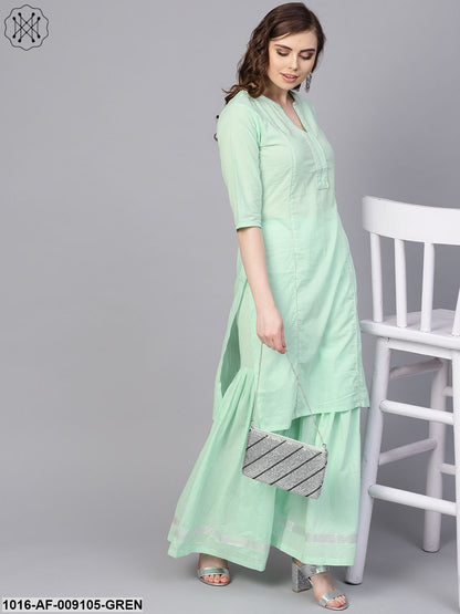 Pastel Solid Mint Kurta Set With Sharara Emblished With Gota
