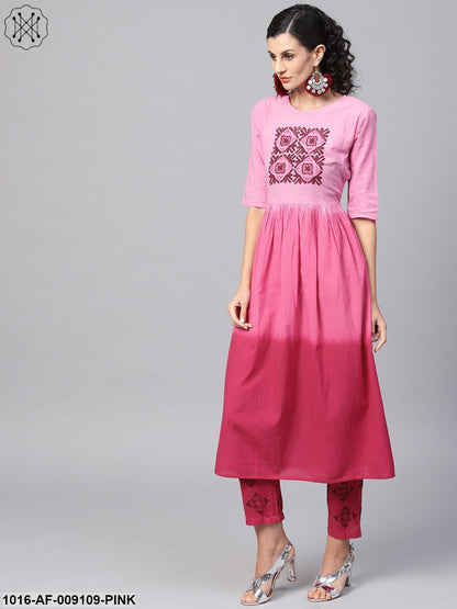 Pink Ombre Dyed Half Sleeve A-Line Kurta With Pink Ankle Length Palazzo