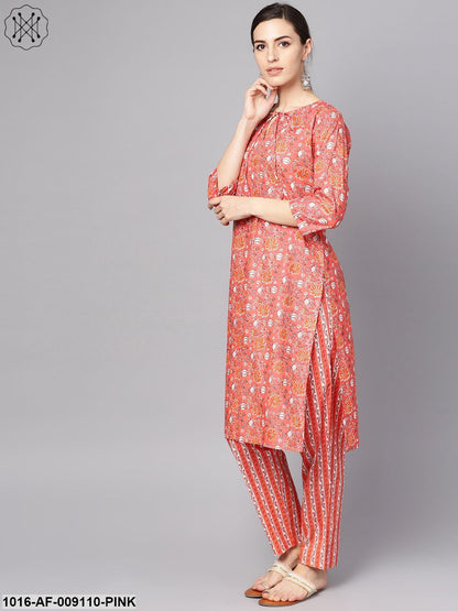 Coral Pink Floral Print Kurta Set With Pants