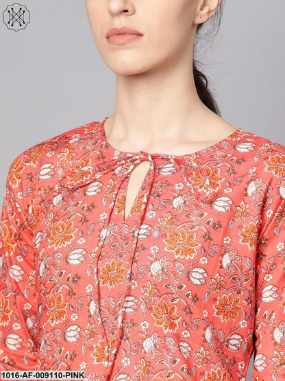 Coral Pink Floral Print Kurta Set With Pants