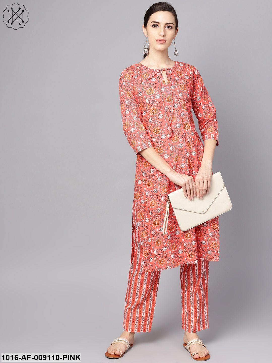 Coral Pink Floral Print Kurta Set With Pants
